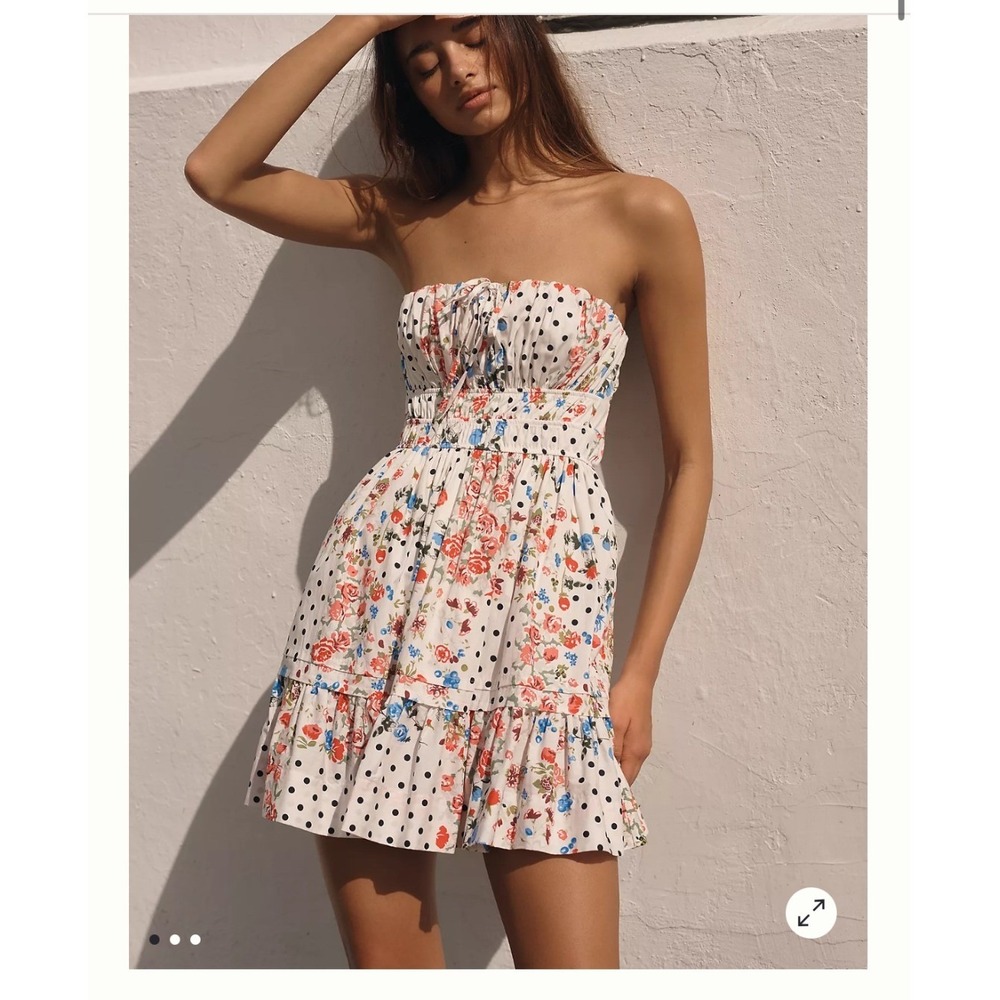 Anthropologie Somerset Strapless Mini Dress Floral Polka Dot Smocked Neutral S